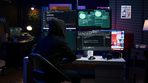 Happy man writing code on PC, celebrating after managing to get past security Stock Footage 275862239