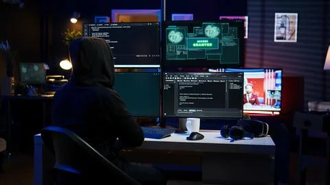Happy man writing code on PC, celebrating after managing to get past security Stock Photos