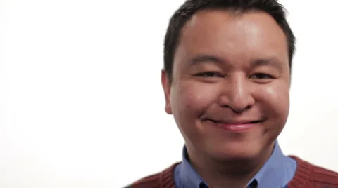 Happy man's face, close up on white Stock Footage