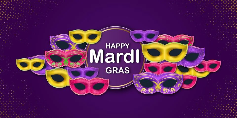 Happy Mardi Gras Carnival Party card with a Lettering and Masquerade Carnival Stock Illustration