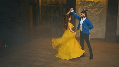 Happy married couple dancing at carnival ball. Fantasy beauty woman smiling man Stock Footage 164206469