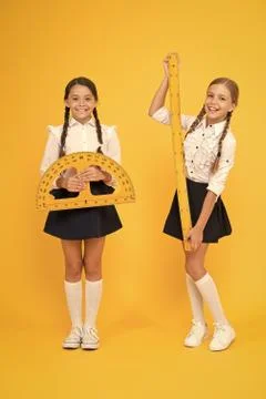 Happy math. stem disciplines. back to school. Maths and geometry. Kids in Stock Photos