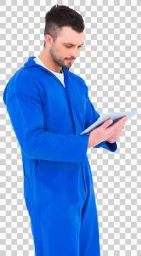 Happy mechanic using digital tablet 스톡 사진
