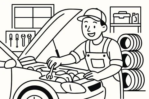 Happy mechanic working on car engine in garage with tools and tires Stock Illustration