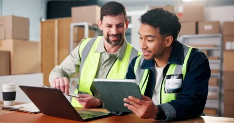 Happy, men or worker in logistics with tablet for inventory dispatch, teamwork Stock Footage 318706569