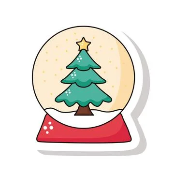 Happy merry christmas pine tree in snowy sphere sticker icon 스톡 일러스트