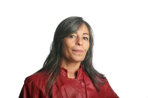 Happy middle aged lady on white background Stock Photos
