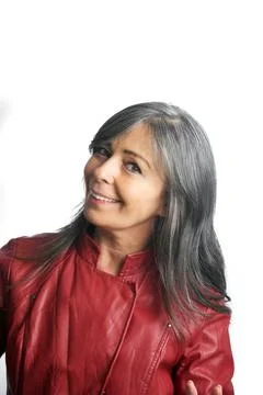 Happy middle aged lady on white background Stock Photos