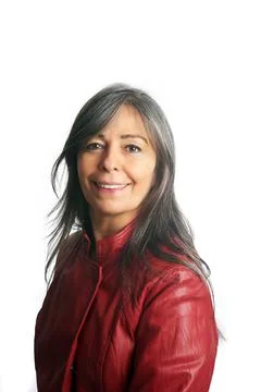 Happy middle aged lady on white background Stock Photos