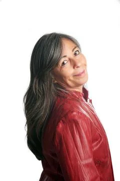 Happy middle aged lady on white background Stock Photos
