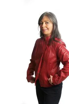 Happy middle aged lady on white background Stock Photos