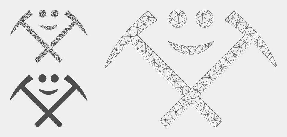 Happy Mining Hammers Vector Mesh Network Model and Triangle Mosaic Icon Stock Illustration