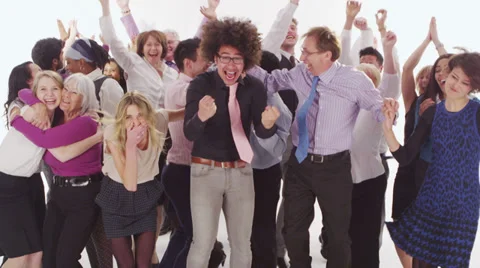 Happy mixed ethnicity group jumping for joy on white background in studio shot Stock-Footage 36437979