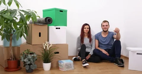 Happy Mixed Race Couple Presentation Camera New Apartment Keys Ok Sign Gestures Stock Footage 77013716