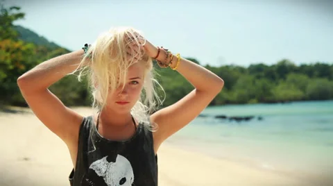 Happy model on the beach. Stock Footage 38315849