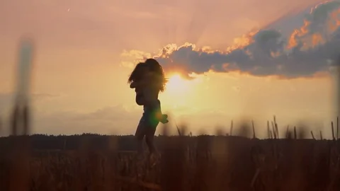Happy mom and daughter spining round at sunset and have fun. Slow Mo Stock Footage 80344036