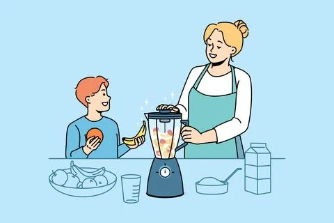 Happy mom and son make fruit smoothie in blender Stock Illustration