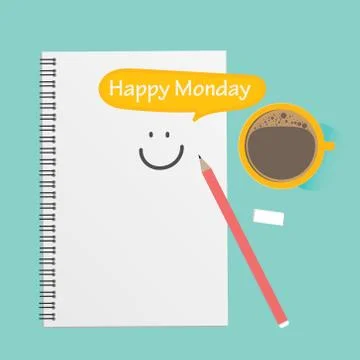 Happy Monday, Coffee With Notebook And Pencil. Stock Illustration