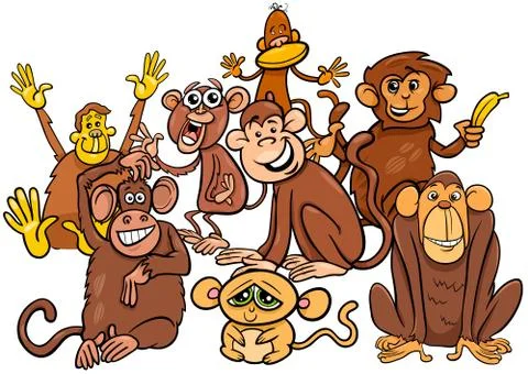 Happy monkey cartoon characters group Stock Illustration