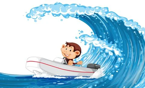 Happy monkey driving boat on ocean wave Stock-Illustration