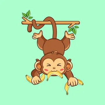 Happy Monkey Eating Bananas While Hanging Upside Down Stock-Illustration