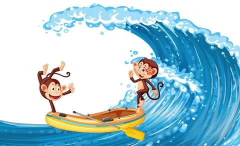 Happy monkeys dancing on a inflatable boat on ocean wave Stock-Illustration