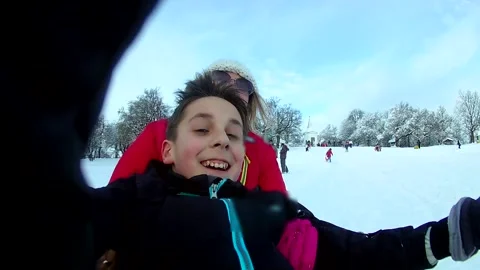 Happy Mother And Son Sledding Together On Winter Vacation 스톡 동영상 344184953