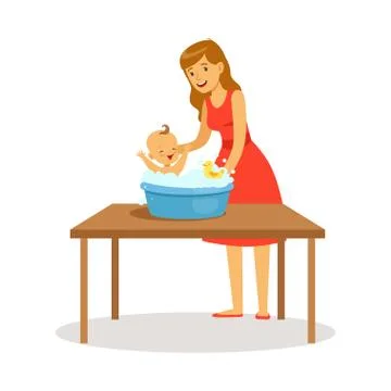 Happy mother in red dress washing little baby, kid playing with foam bubbles Stock Illustration