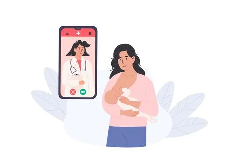 Happy mother using mobile app to consult with lactation consultant for Stock Illustration