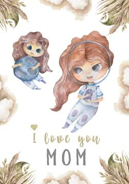 Happy Mothers Day card design with space girl forming a frame around central Stock Illustration