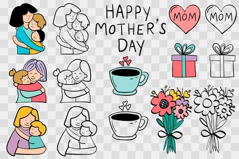 Happy mother's day vector elements in minimalistic drawn doodle style. moms hug Stock Illustration