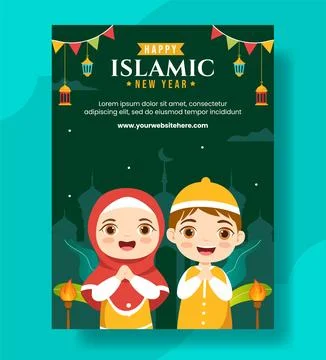 Happy Muharram Islamic New Year Vertical Poster Flat Cartoon Hand Drawn Tem.. Stock Illustration