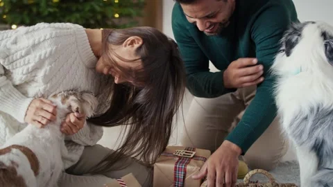 Happy multi ethnicity couple packing presents and having fun with dog at home Stock Footage 218745686