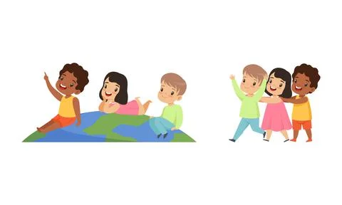 Happy Multicultural Kids Having Fun Together, Friendship, Unity, Earth Planet Stock Illustration
