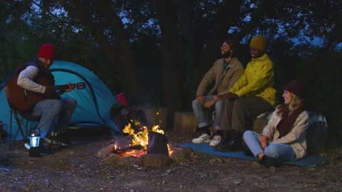 Happy multiethnic friends having fun playing music and enjoying bonfire camping Vídeos de archivo 221434045
