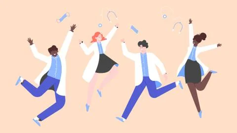 Happy multinational doctors happily jumping. Stock Illustration