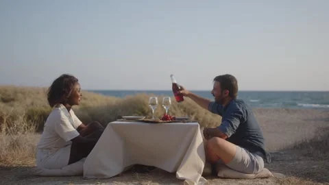 Happy multiracial couple drinking wine having romantic date by sea Stock Footage 270249840