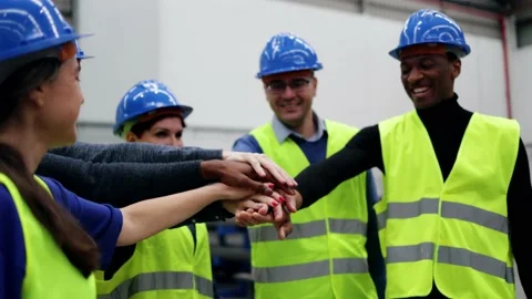 Happy multiracial engineer stacking hands while working at robotics warehouse -  Stock Footage 229640138