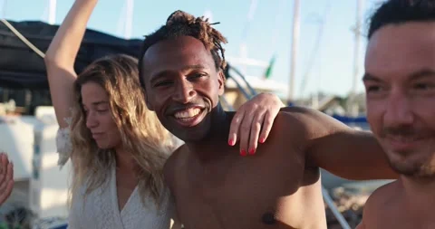 Happy multiracial friends having fun dancing at boat party outdoor Stock-Footage 199237472