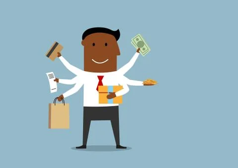 Happy multitasking man with shopping items Stockillustratie