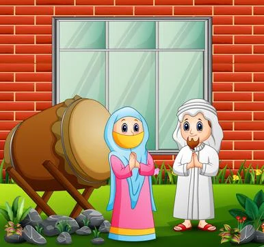 Happy muslim couples congratulate Eid mubarak Stock Illustration