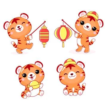 Happy New 2022 Year. Set of cute little tigers in kawaii style Stock Illustration