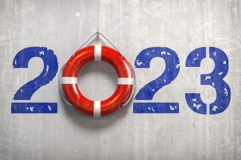 Happy new saving 2023 year.  Lifebouy on a wall with number 2023. Иллюстрация