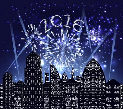 Happy new year 2016 with firework city at night Stock Illustration