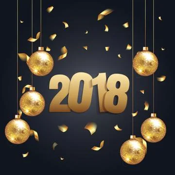 Happy New Year 2017 background with black and gold color, christmas ball and Stock Illustration