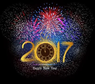 Happy New Year 2017 clock and Fireworks Stock Illustration