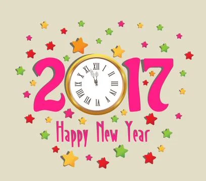 Happy new year 2017 clock and colorful Stock Illustration