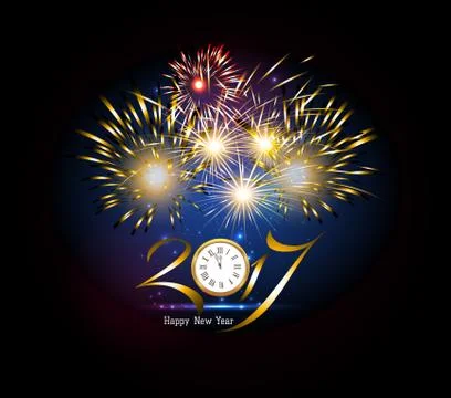 Happy New Year 2017 clock and Firework Stock Illustration