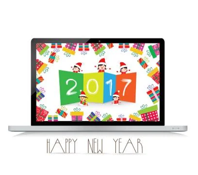 Happy new year 2017 with laptop funny kids. Stock Illustration