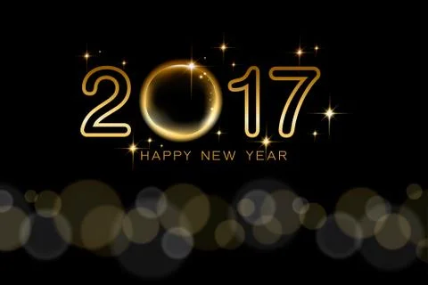 Happy new year 2017 text design with golden star and black background. Stock Illustration